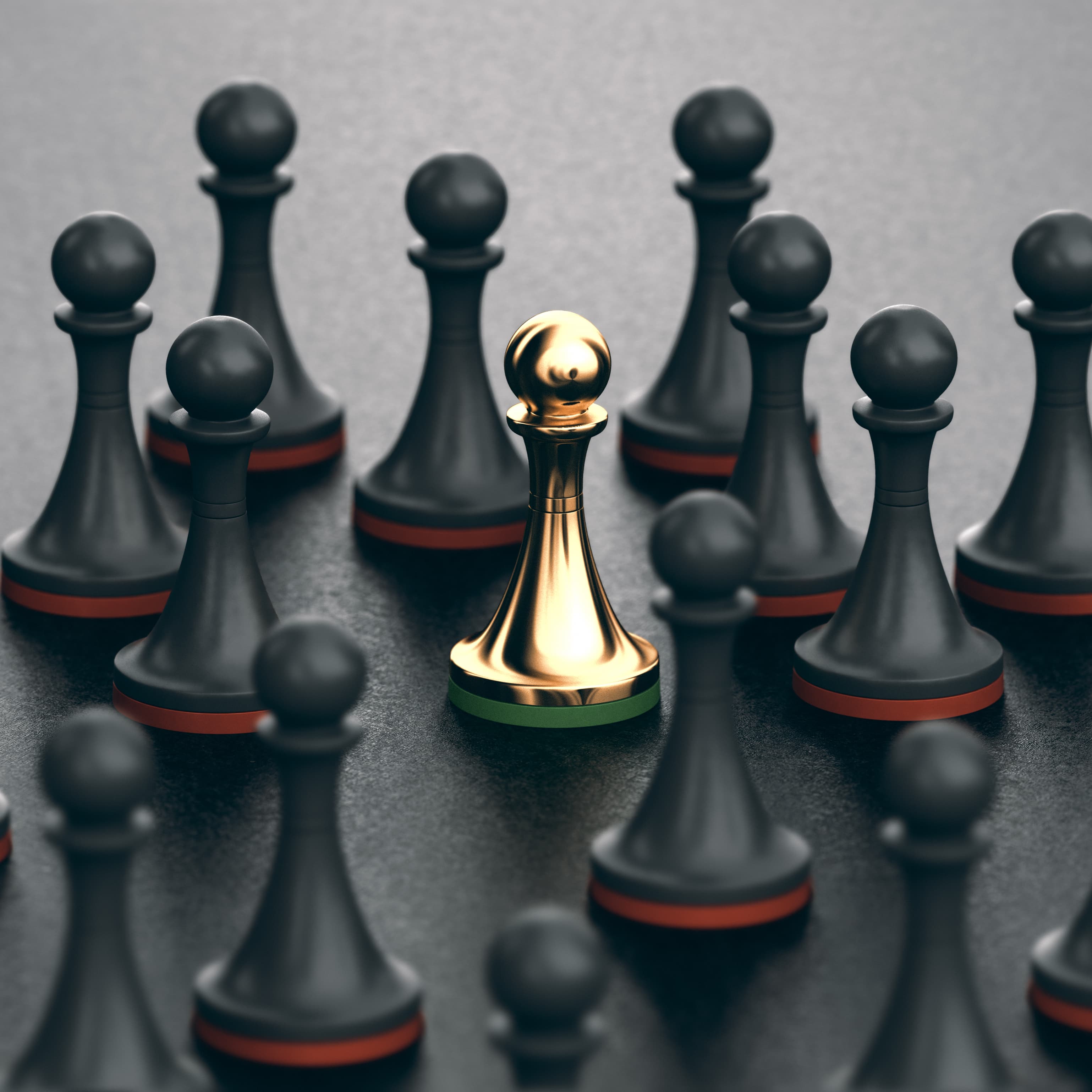 Gold chess piece amongst black chess pieces
